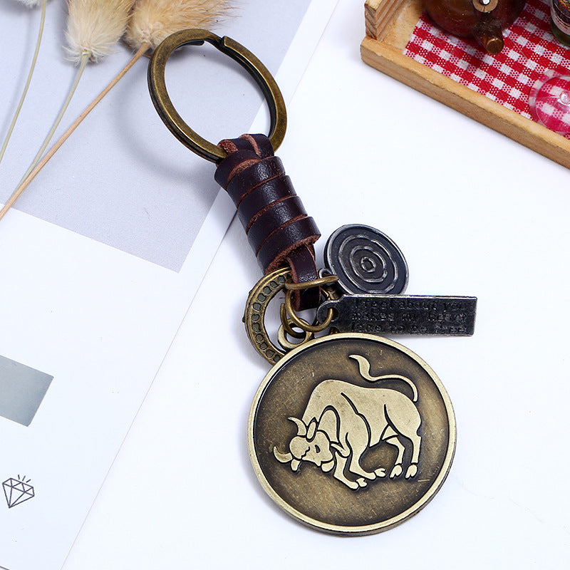 Wholesale Retro Woven 12 Constellation Cowhide Keychain